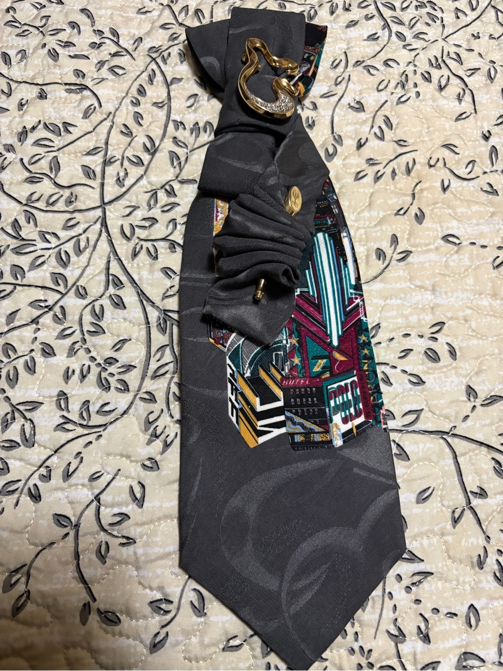 Women’s Patterned Black Necktie with Multicolor Accent